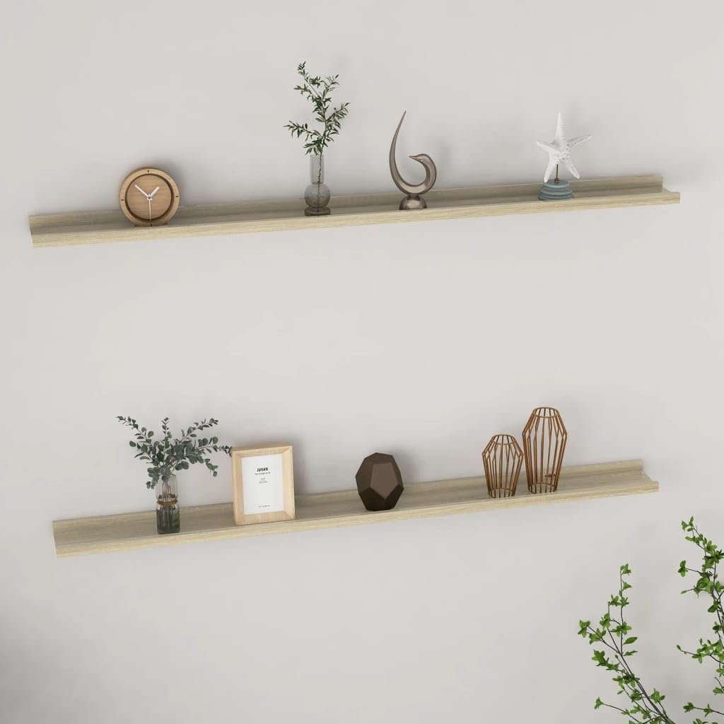 vidaXL Sonoma Oak Wall Shelves in 45.3x3.5x1.2 - 2 pcs MDF Hanging Shelves for Home Decor, Book Storage and Display