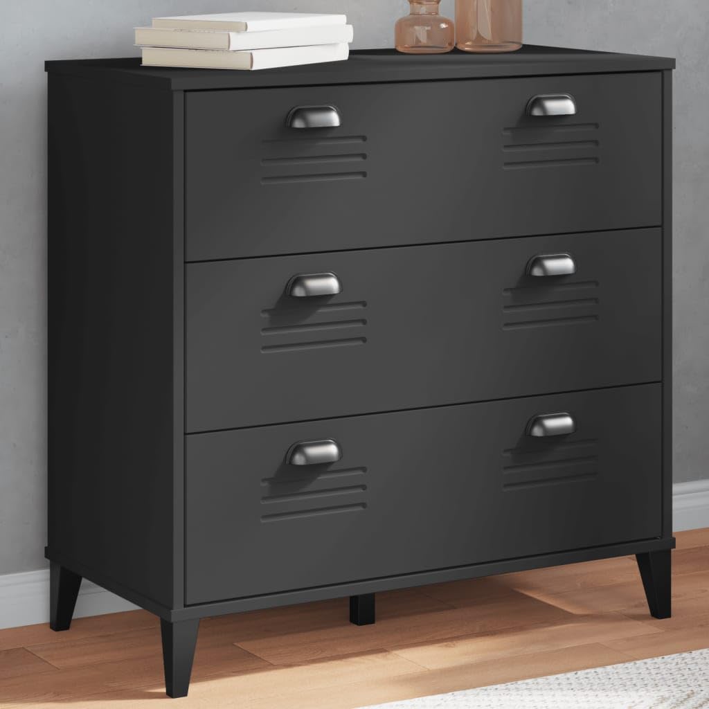 vidaXL Black Solid Pine Wood Industrial Drawer Cabinet - Ample Storage with 3 Drawers and Sturdy Top for Home Office, Living Room