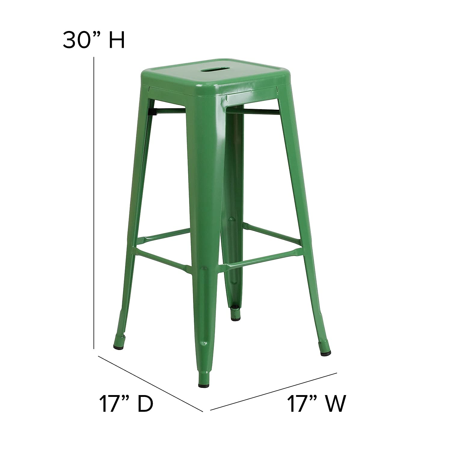 30 Inch Ht Backless Green Metal Indoor/Outdoor Barstool, Square Seat