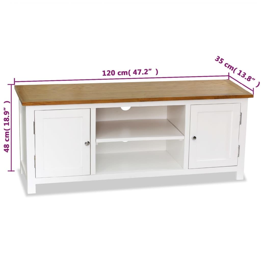 vidaXL Farmhouse style TV Stand - 47.2&quot;x13.8&quot;x18.9&quot; - Solid Oak Wood and Pinewood - TwoTone - White and Brown - Spacious Compartments - Cable Outlets Design