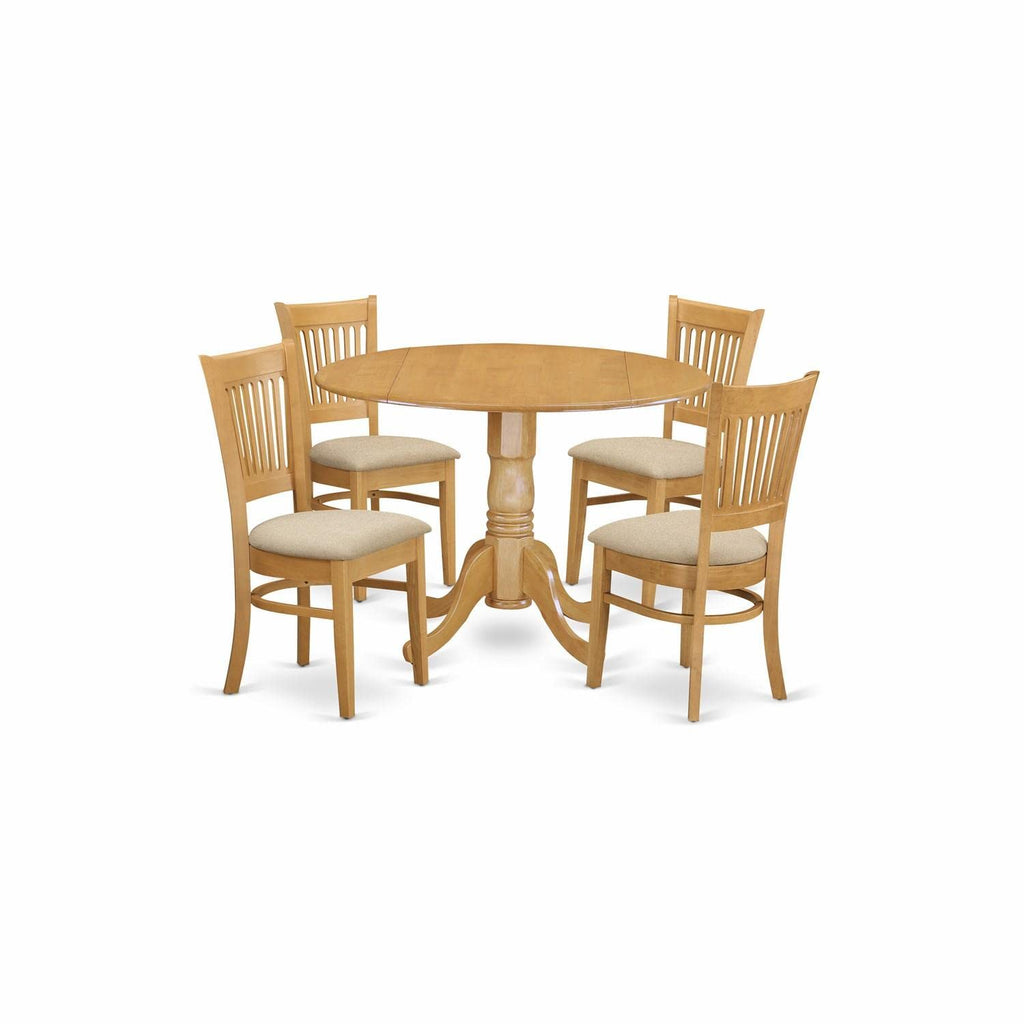 East West Furniture Dublin 5 Piece Kitchen Set Includes a Round Dining Room Table with Dropleaf and 4 Linen Fabric Upholstered Chairs, 42x42 Inch, DLVA5-OAK-C