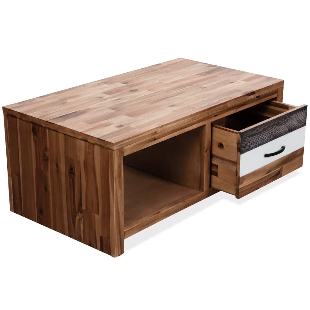 vidaXL Solid Acacia Wood Coffee Table - Practical and Stylish Living Room Furniture with Robust Construction, Ample Storage, and Unique Black and White Drawer Front