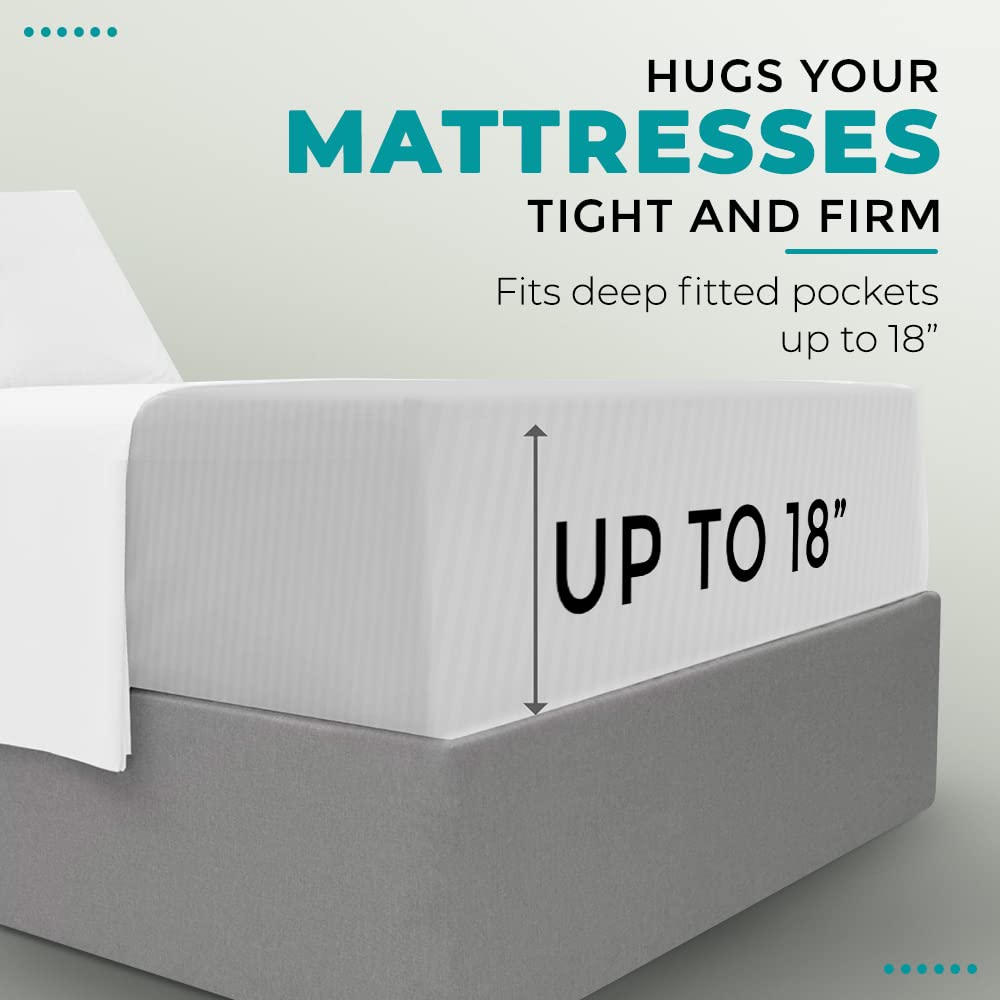 Feather & Stitch 100% Cotton 1 Piece Damask Stripe Twin Fitted Sheet 500 Thread Count White 18 Inch Extra Deep Pocket Luxury Sateen Weave Stretchable Boxer Elastic Fits Mattress Perfectly