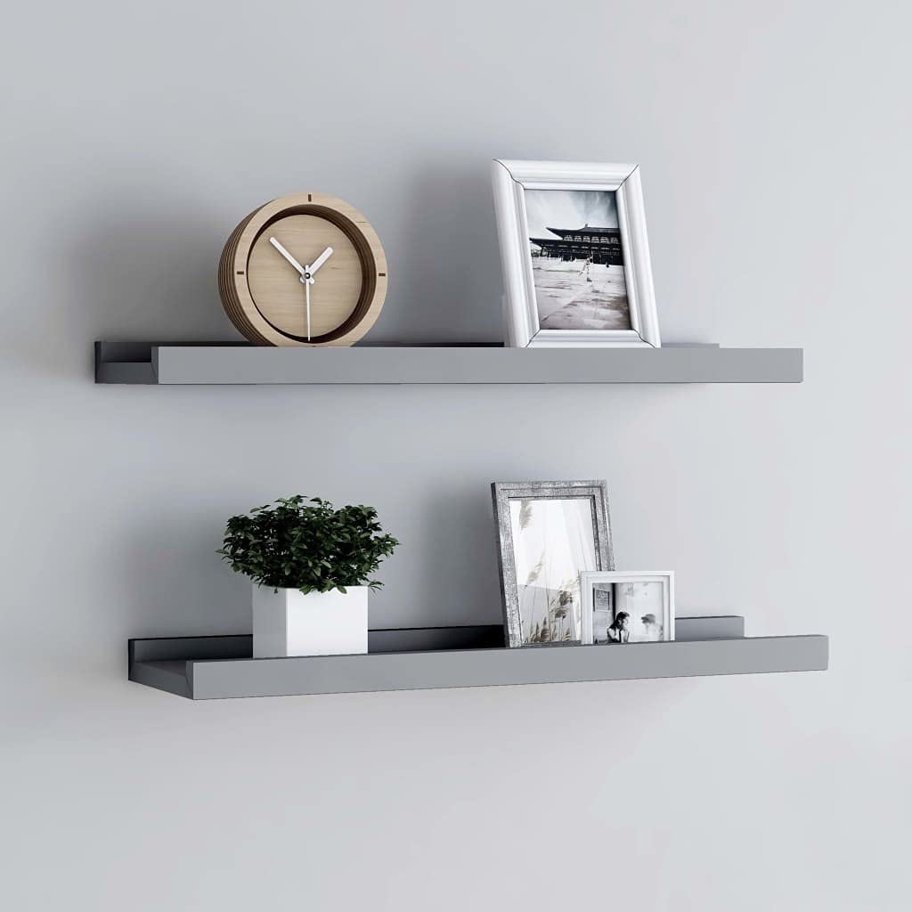 vidaXL Wall-Mounted Picture Frame Ledge Shelves - Set of 2, Gray MDF Design, Ideal for Displaying Frames and Decorations - Modern Style, 15.7"x3.5"x1.2"
