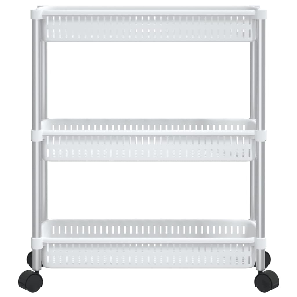 vidaXL 3-Tier Multifunctional Storage Trolley - Durable Aluminum Frame, Portable Organizer Cart with 4 Wheels for Bedroom, Bathroom, Kitchen, and Study - Silver and White