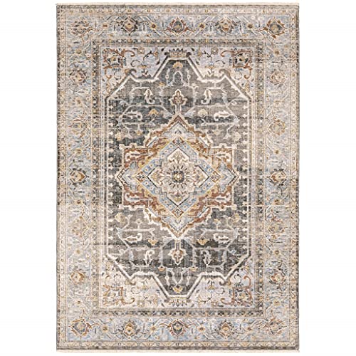 HomeRoots Polyester 7' x 10' Grey Blue Machine Woven Medallion Indoor Area Rug