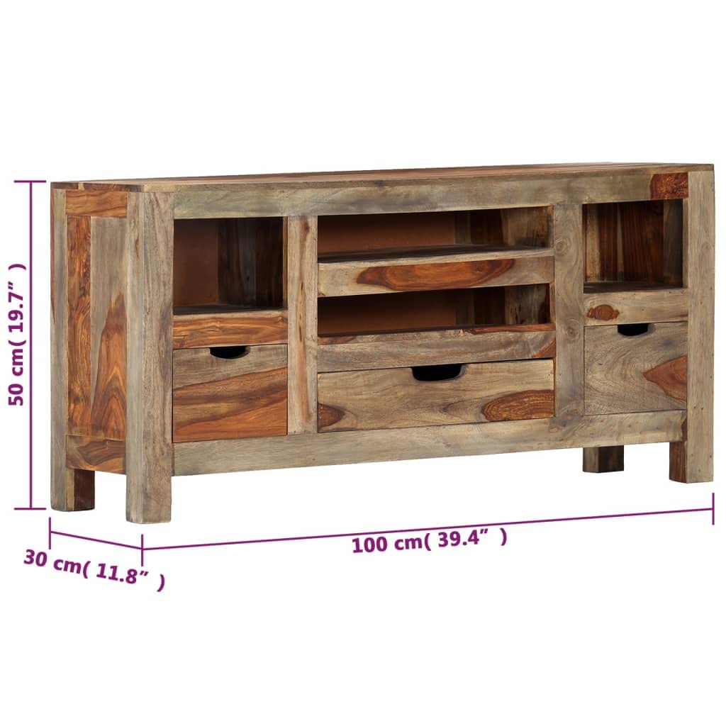 vidaXL Sideboard - Handcrafted Rustic TV Stand in Gray, Solid Sheesham Wood Construction with Drawers and Open Compartments – 39.4&quot;x11.8&quot;x19.7&quot;