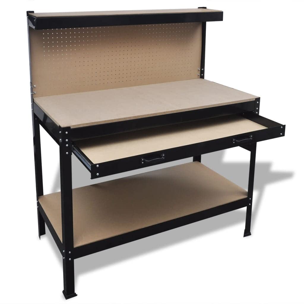 vidaXL Steel Workbench with Pegboard and Drawer - Large & Sturdy MDF Work Surface for DIY and Professional Use - Easy Assembly