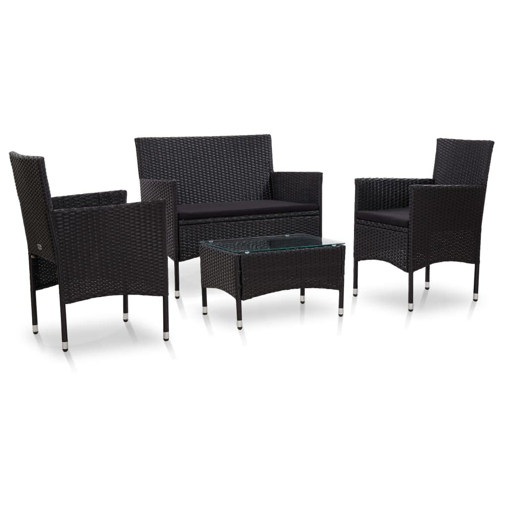vidaXL PE Rattan Patio Lounge Set with Cushions - 4-Piece Modern and Comfortable Outdoor Seating in Black