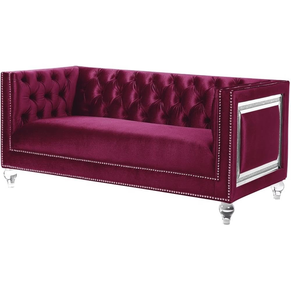 Acme Heibero Button Tufted Velvet Loveseat with 2 Pillows in Burgundy