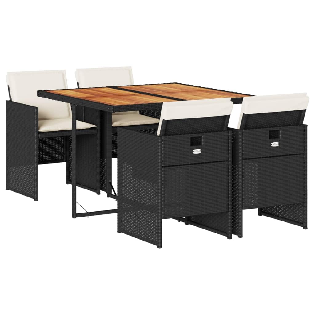 vidaXL 5 Piece Patio Dining Set with Cushions - Black Poly Rattan/Acacia Wood Tabletop, Compact Folding Chairs, Space-Saving Design for Outdoor, Garden, Patio, Backyard