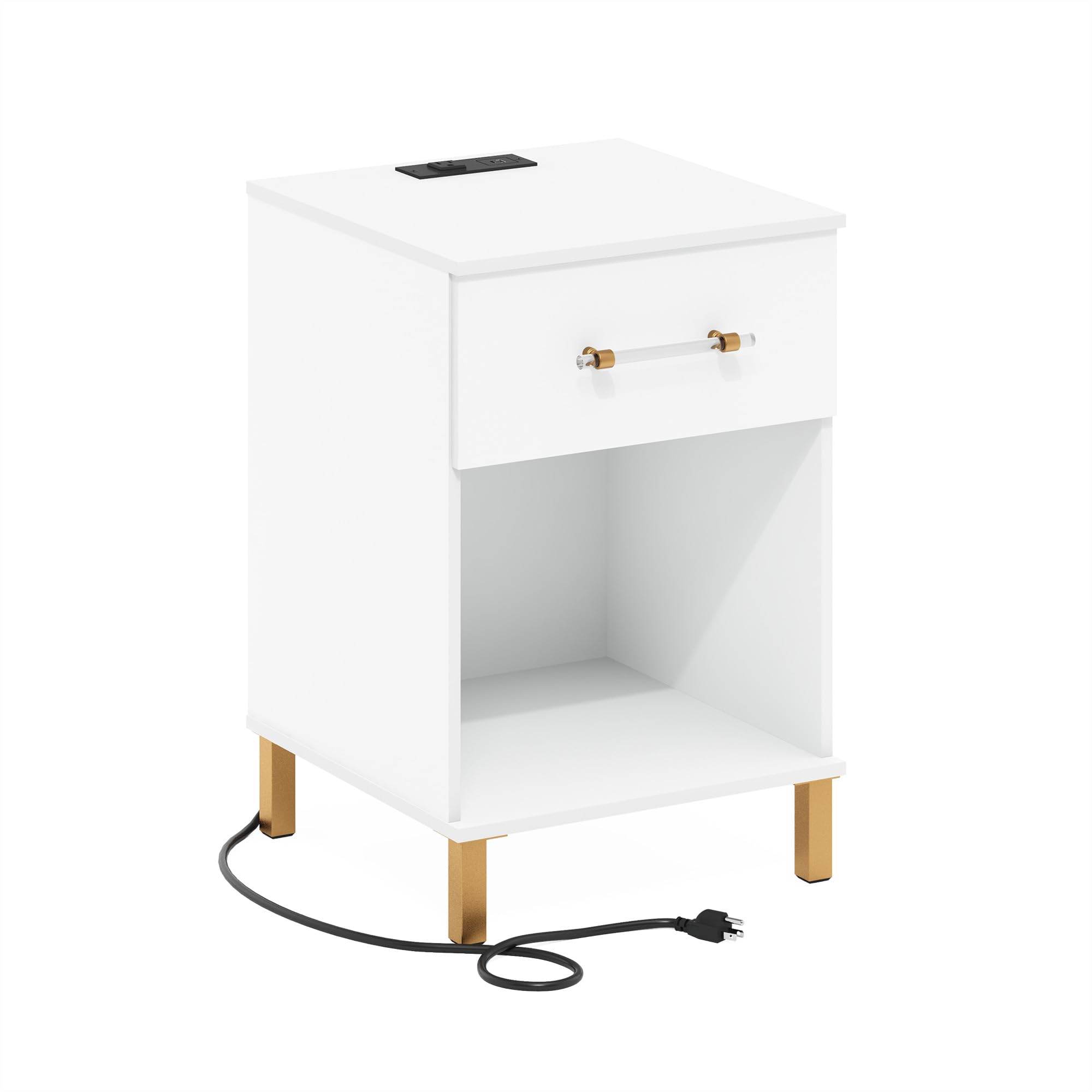 Furinno Tidur End Table, Side Table with USB and Type-C Charging Station, White