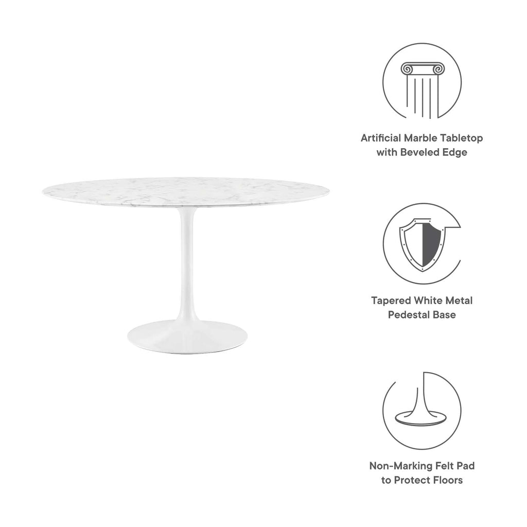 Modway Lippa 54" Mid-Century Dining Table with Round Artificial Marble Top in White