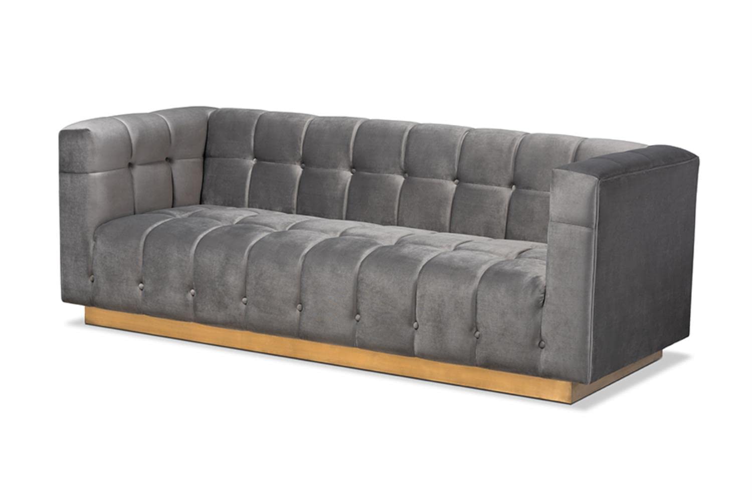 Baxton Studio Loreto Glam and Luxe Grey Velvet Fabric Upholstered Brushed Gold Finished Sofa