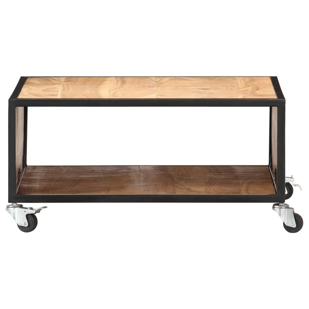 vidaXL Industrial Style Coffee Table, Square Solid Acacia Wood with Compartment, Polished and Lacquered Brown, 27.6"x27.6"x12.6", with 4 Casters