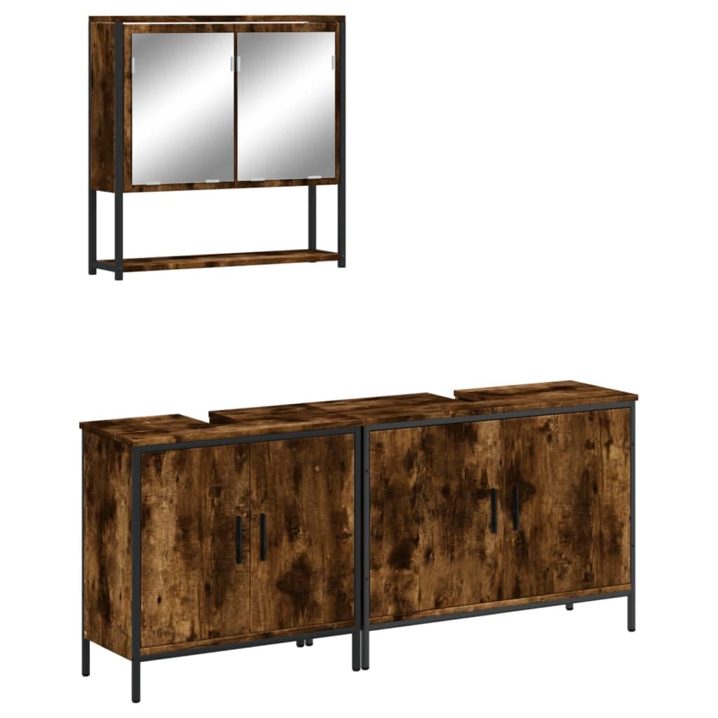 vidaXL Bathroom Furniture Set 3 Pieces, Vanity Cabinets, Wall Mirror, Toilet Storage, Smoked Oak Plywood, 3214672