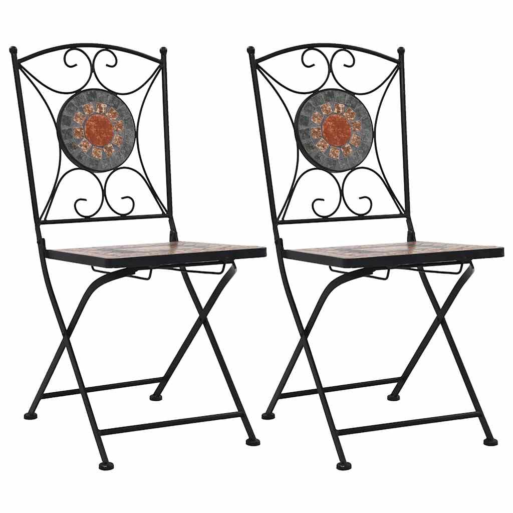 vidaXL Folding Bistro Chairs - Mosaic Outdoor Seat Set - Orange/Gray Ceramic - Patio/Garden