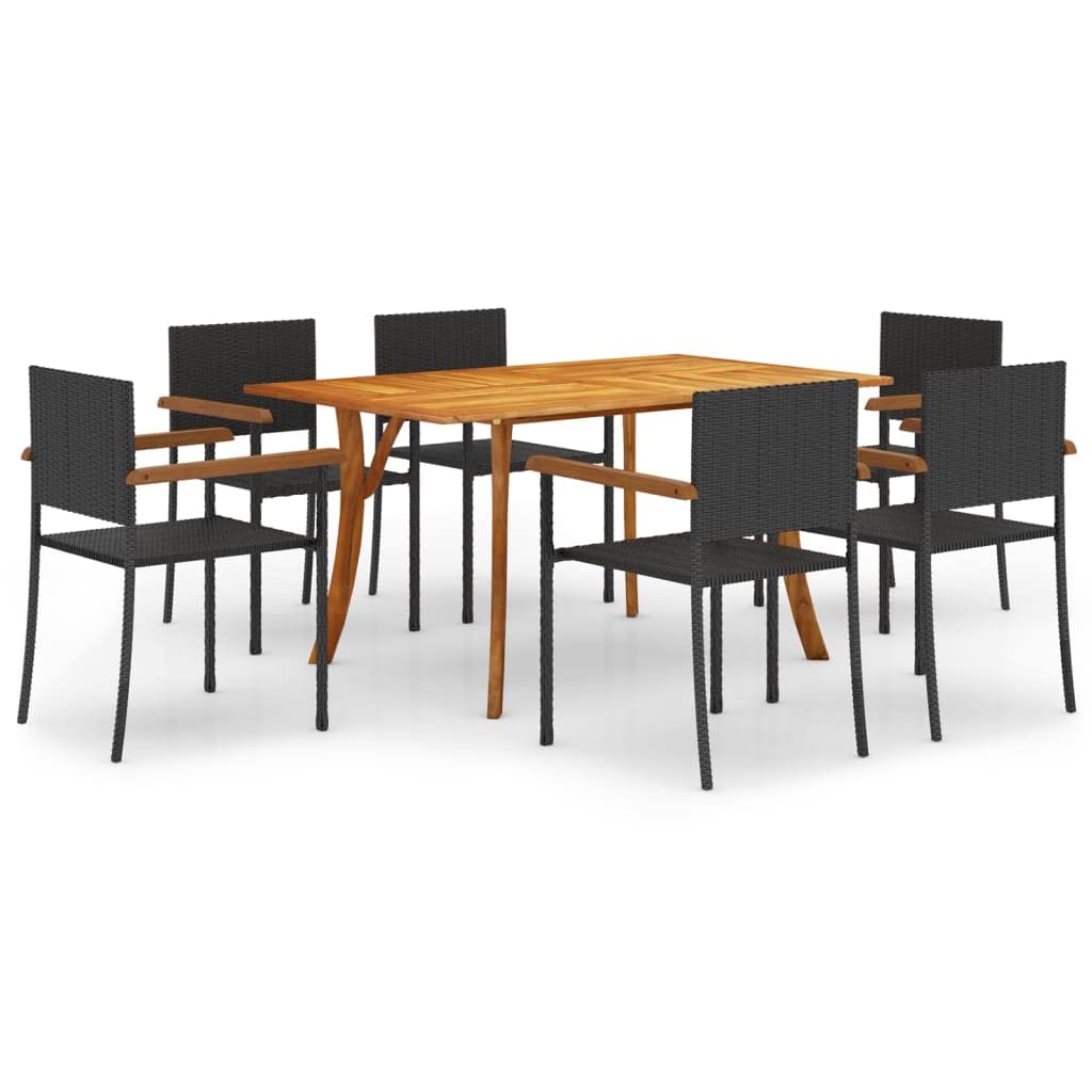 vidaXL 7 Piece Patio Dining Set - Black Outdoor Furniture with Solid Acacia Wood Table and PE Rattan Chairs