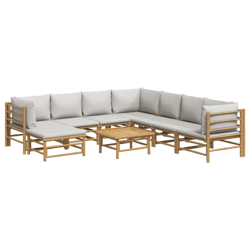 vidaXL 9-Piece Patio Furniture Lounge Set - Bamboo, Light Gray Cushions, Modular Design, for Garden/Deck/Patio