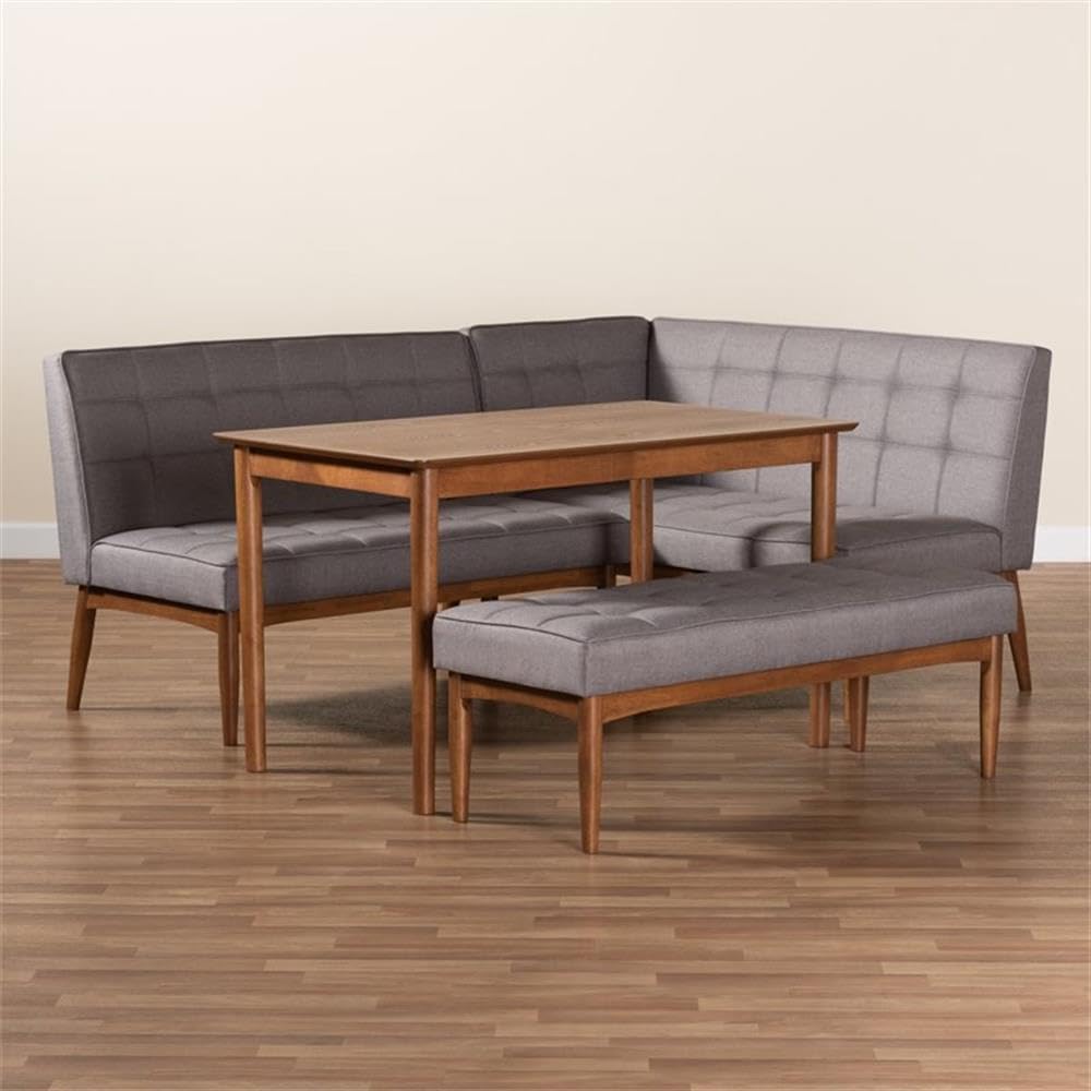 Baxton Studio Sanford Mid-Century Modern Grey Fabric Upholstered and Walnut Brown Finished Wood 4-Piece Dining Nook Set