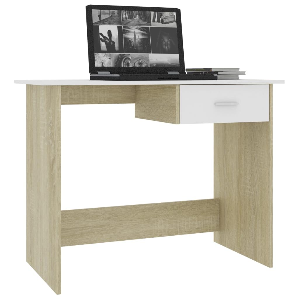 vidaXL Modern Desk in White and Sonoma Oak - Sleek Engineered Wood Construction with Integrated Drawer for Storage and Easy Clean Surface ?39.4x19.7x29.9
