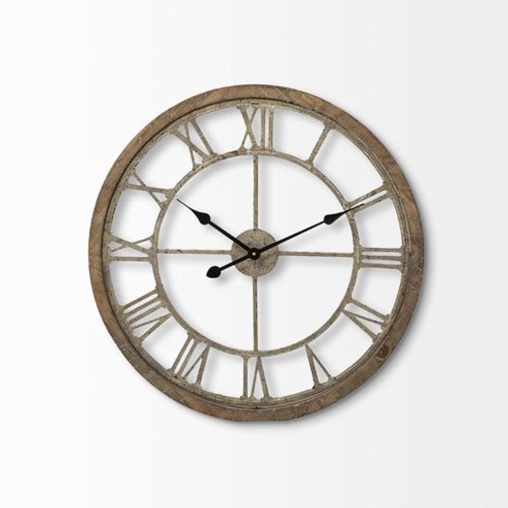 HomeRoots Wood 25' Round Large BrownFarmhouse Style Wall Clock