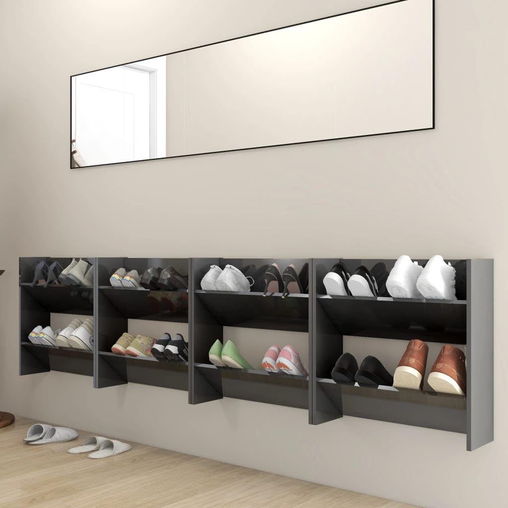 vidaXL Wall Shoe Cabinets 4 pcs High Gloss Gray 23.6"x7.1"x23.6" Engineered Wood