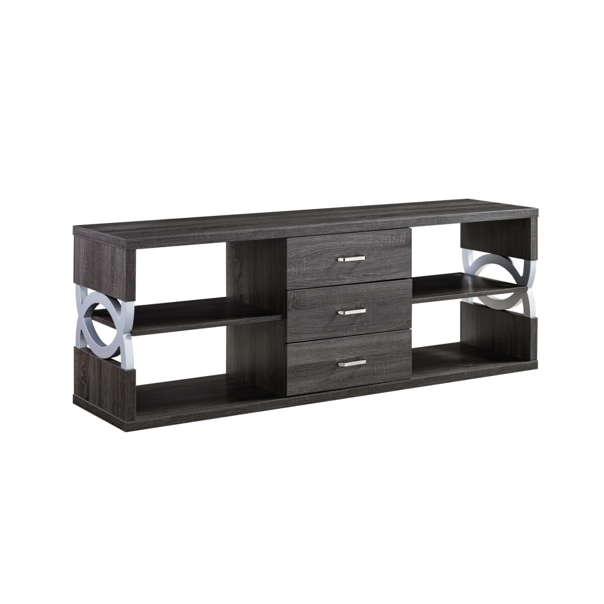 HomeRoots 482785 22 x 60 x 15.5 in. Distressed Gray & Silver Manufactured Wood Cabinet Enclosed Storage TV Stand, 3 drawer