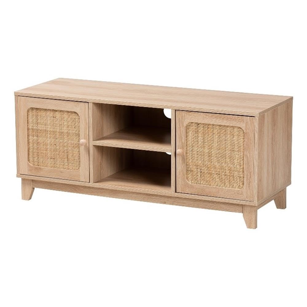 Baxton Studio Elsbeth Mid-Century Modern Light Brown Finished Wood and Natural Rattan 2-Door TV Stand