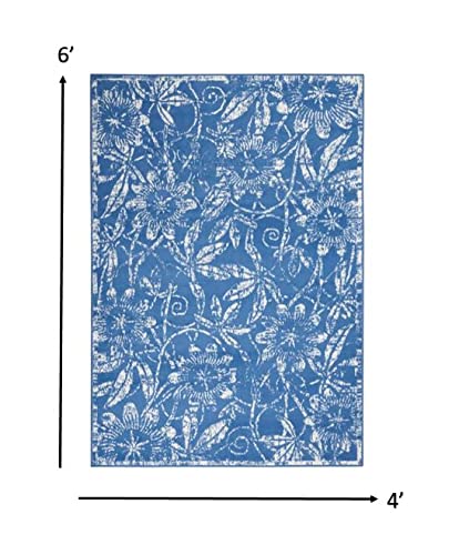 HomeRoots 100% Polypropylene 4’ x 6’ Blue and Ivory Floral Vines Area Rug
