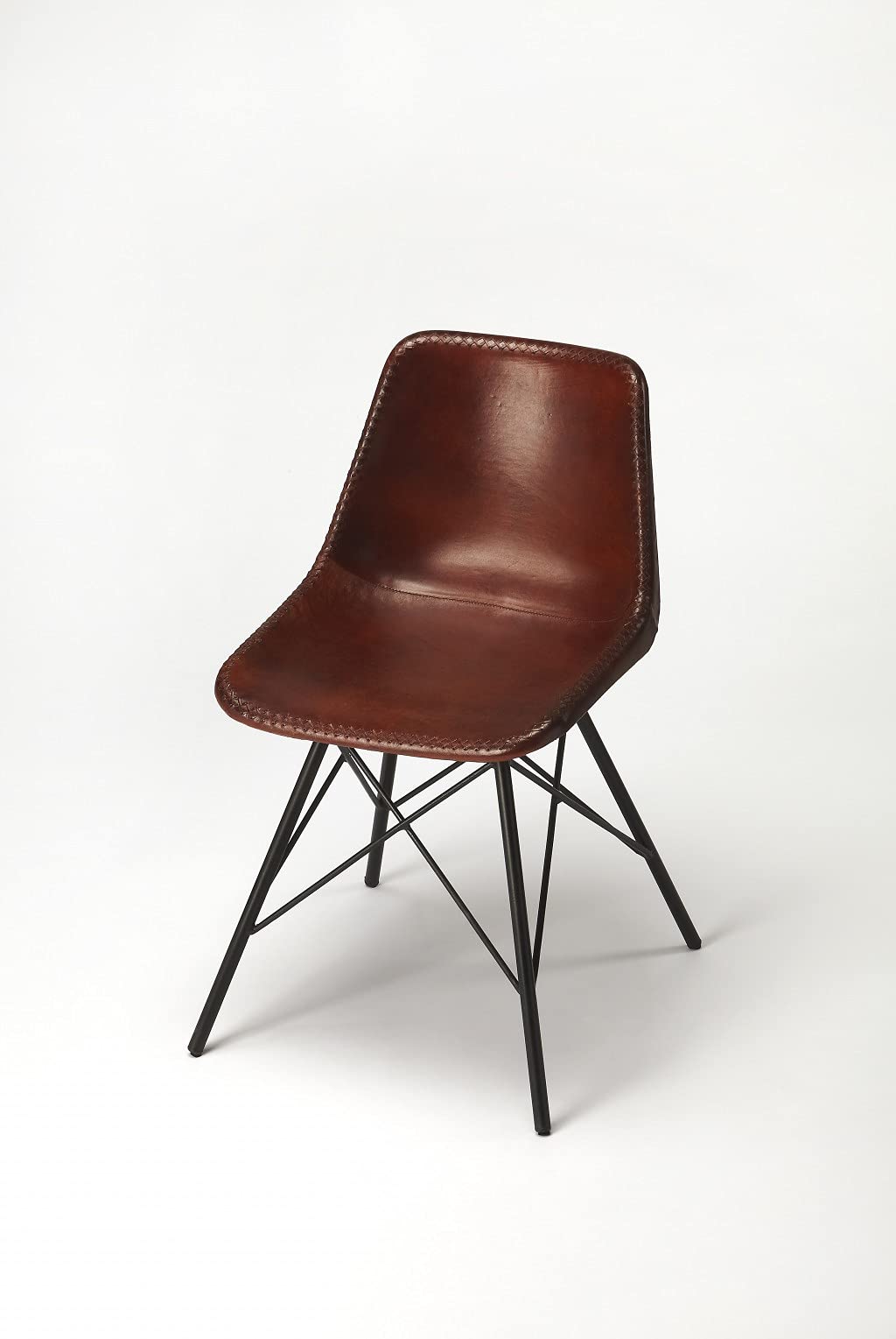 HomeRoots Medium Brown Leather, Iron Brown Leather Side Chair