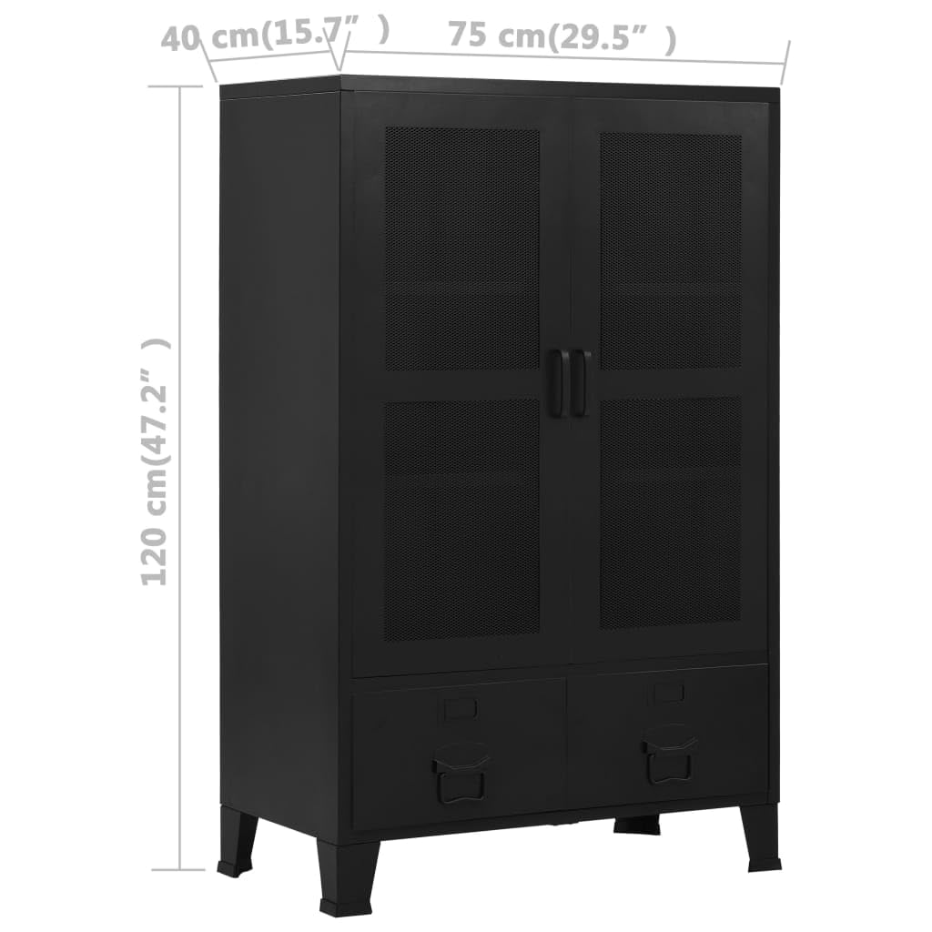 vidaXL Steel Office Cabinet with Mesh Doors ?Black Industrial Style Cabinet with 3 Compartments & 2 Drawers for Efficient File Storage ?Durable, Easy-to-Clean ?29.5"x15.7"x47.2"