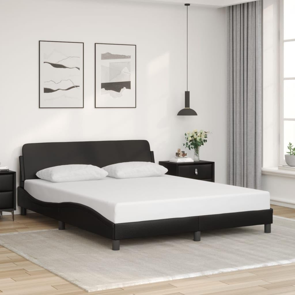 vidaXL Black Double Bed Frame with Headboard - 59.8x79.9 Faux Leather Sturdy Legs Waved Design Elegant Bedroom Furniture