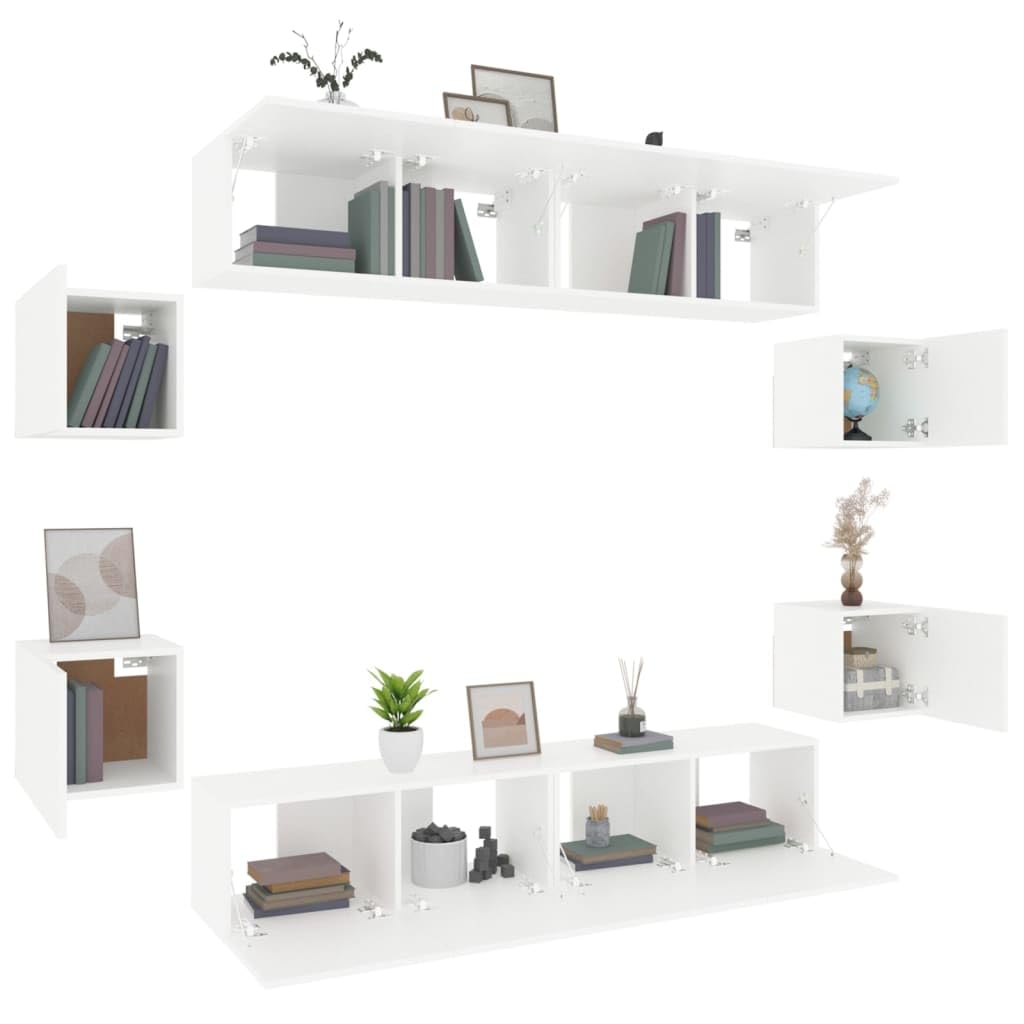 vidaXL TV Stand Set 8 Piece, Wall Mounted Entertainment Center, TV Stand Console with Storage, Modern Style, White Engineered Wood