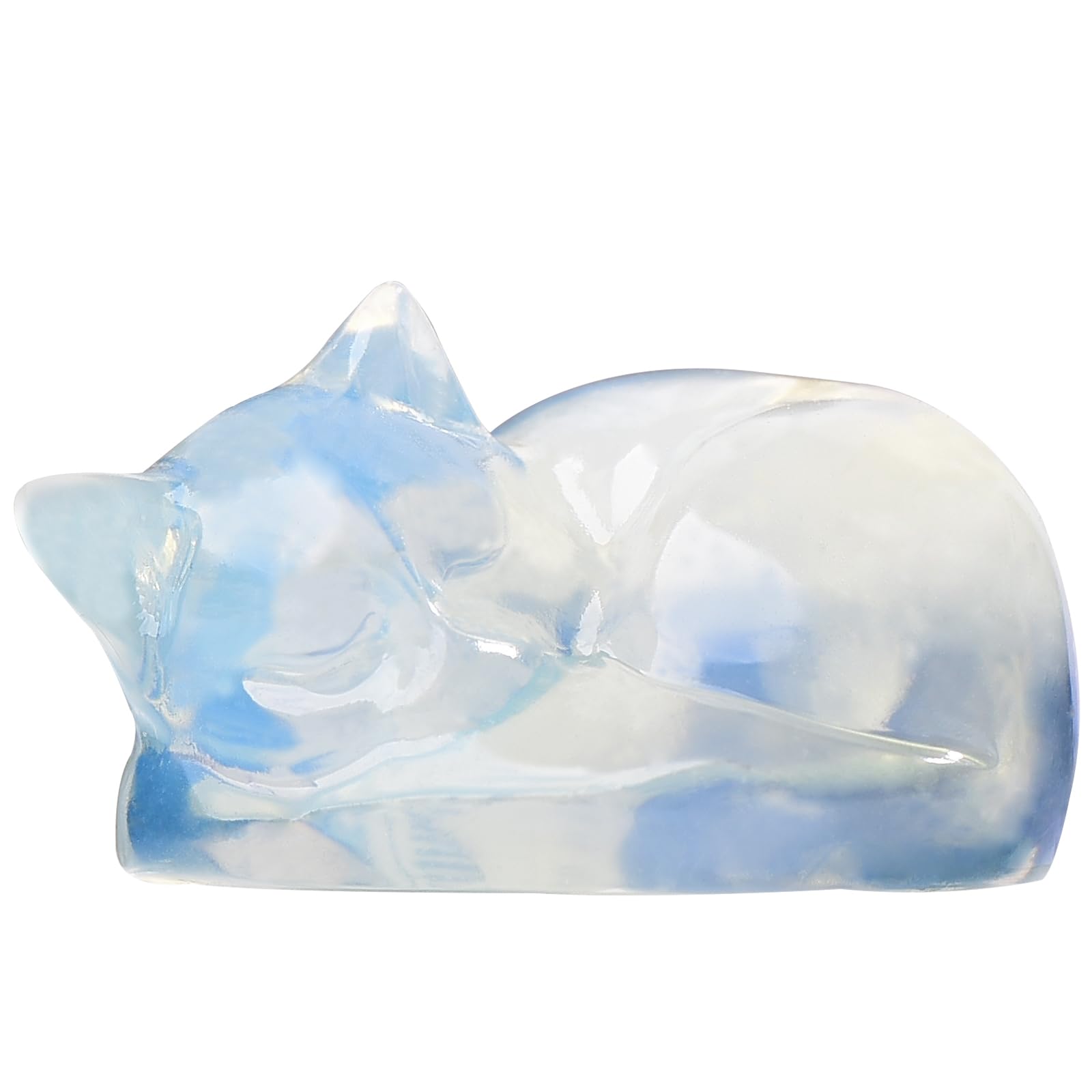 Ytbeoxk 2.1 Inch Opal Cat Crystal Statue, Healing Crystal Sleeping Cat Gemstones Decorations, Lucky Cute Kitten Figurines, White