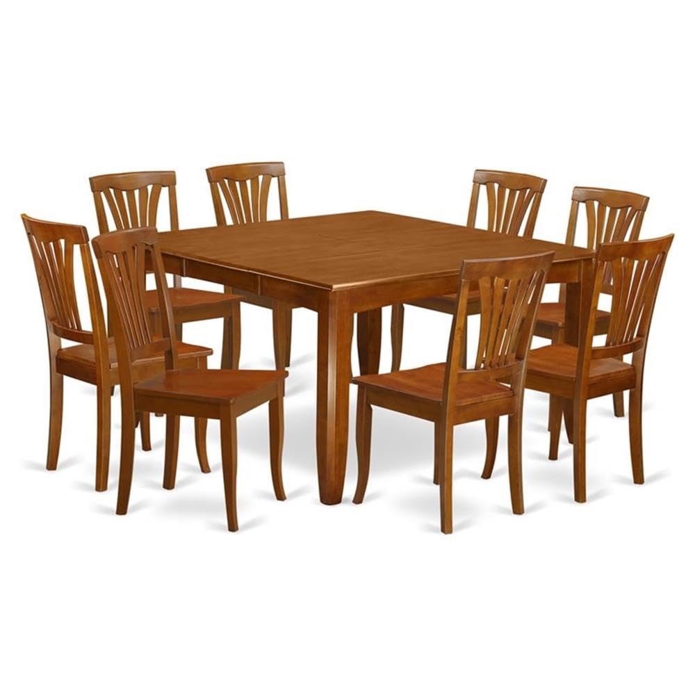 East West Furniture PFAV9-SBR-W 9 Piece Kitchen Table & Chairs Set Includes a Square Dining Table with Butterfly Leaf and 8 Dining Room Chairs, 54x54 Inch, Saddle Brown