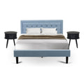 East West Furniture FN11Q-2GO15 3-Piece Platform Bed Set with 1 Mid Century Bed and 2 Small Nightstands - Reliable and Durable Manufacturing - Denim Blue Linen Fabric