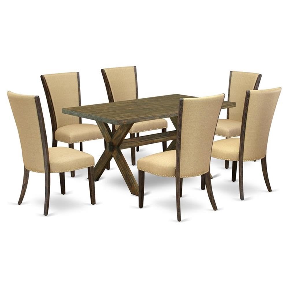 East West Furniture X776Ve703-7 7 Piece Kitchen Table Set Consist Of A Rectangle Dining Table With X-Legs And 6 Brown Linen Fabric Parson Dining Room Chairs, 36X60 Inch, Multi-Color