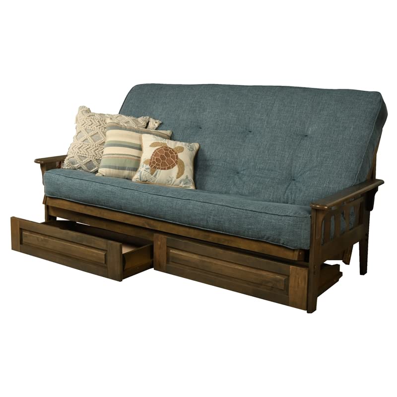 Kodiak Tucson Queen Futon Frame with Storage Drawers - Wood Futon Set with Mattress Included in Aqua Blue Color