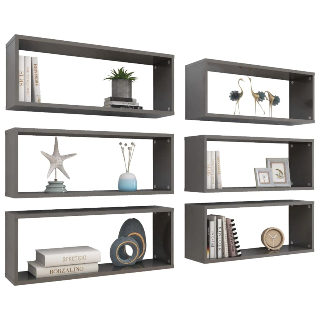 vidaXL Wall Cube Shelves 6 pcs High Gloss Gray 23.6&quot;x5.9&quot;x9.1&quot; Engineered Wood