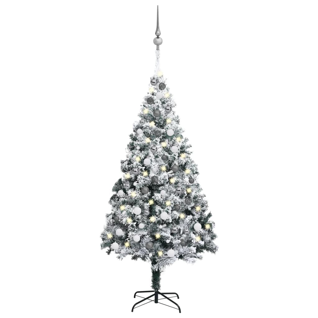 Vidaxl Artificial Christmas Tree With Leds & Ball Set - Green 70.9&quot; Pvc Material With Flocked Snow - Includes Metal Stand & Decorative Balls - Energy-Efficient Lighting And Realistic Appearance