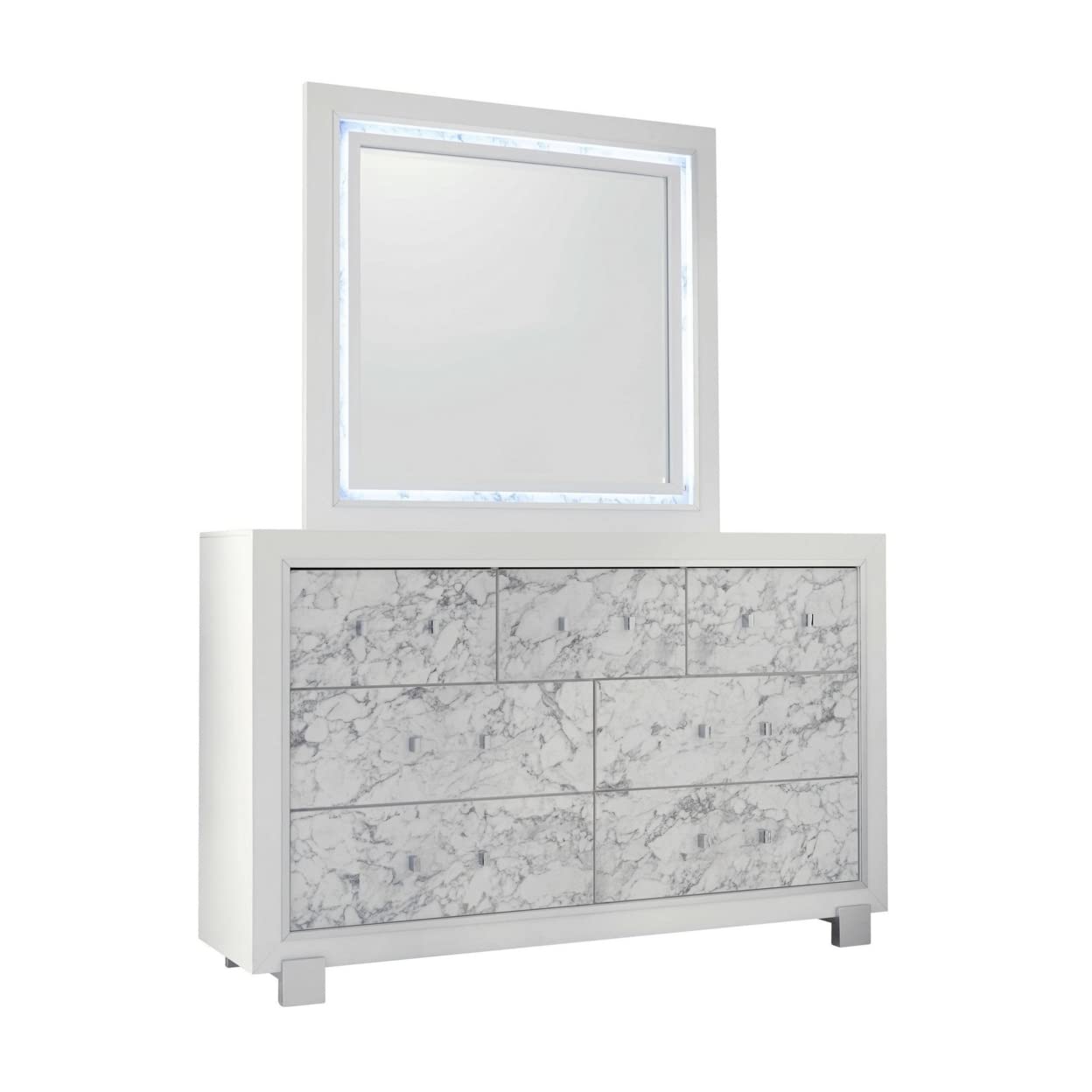 HomeRoots Rubberwood Modern White Dresser with 7 Faux Marble Detailed Front Drawer.