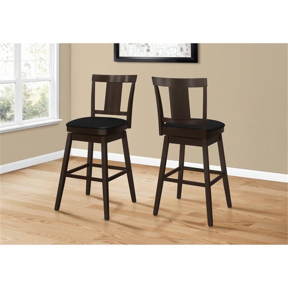 Monarch Specialties I 1230 Bar Stool, Set of 2, Swivel, Bar Height, Wood, Pu Leather Look, Brown, Black, Transitional