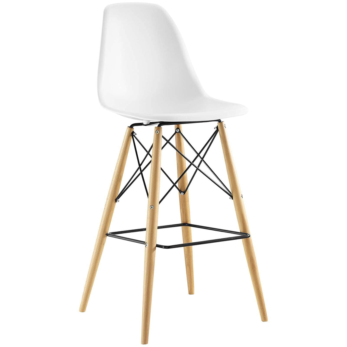 Modway Pyramid Mid-Century Modern Bar Stool With Natural Wood Legs In White