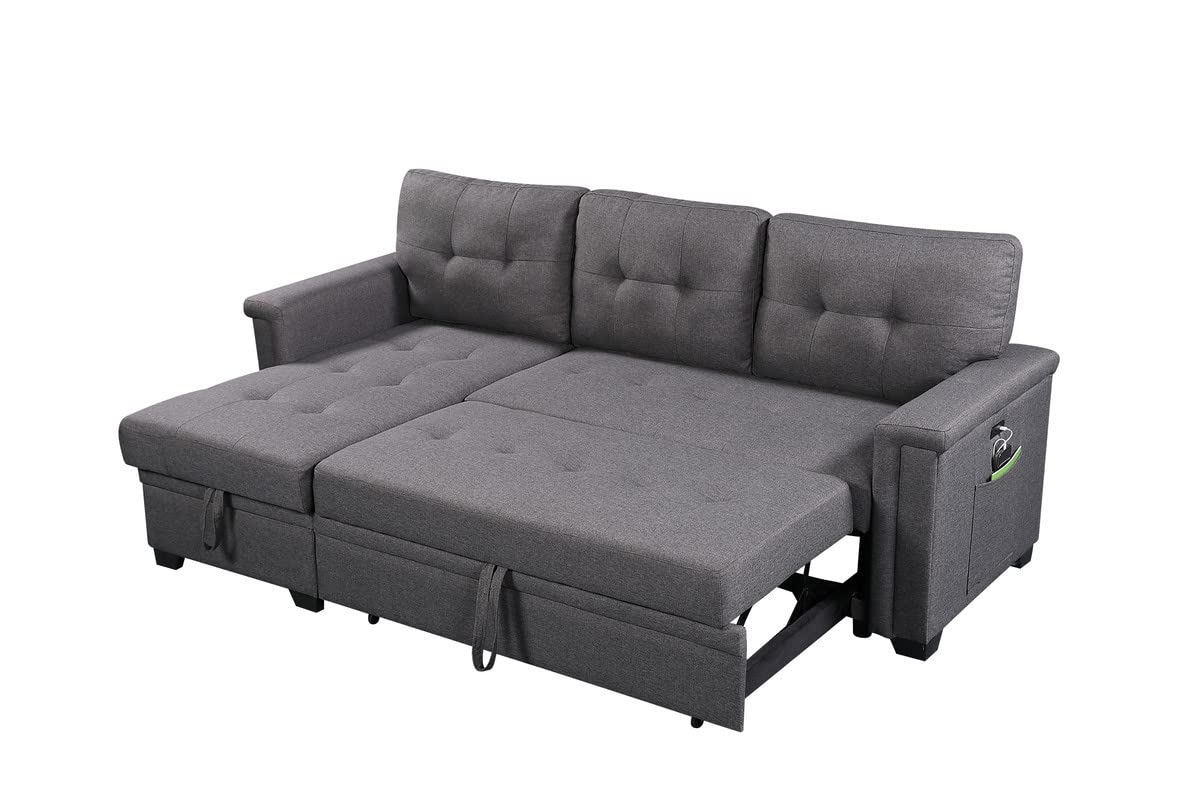 Lilola Home Ashlyn Dark Gray Reversible Sleeper Sectional Sofa with Storage Chaise, USB Charging Ports and Pocket