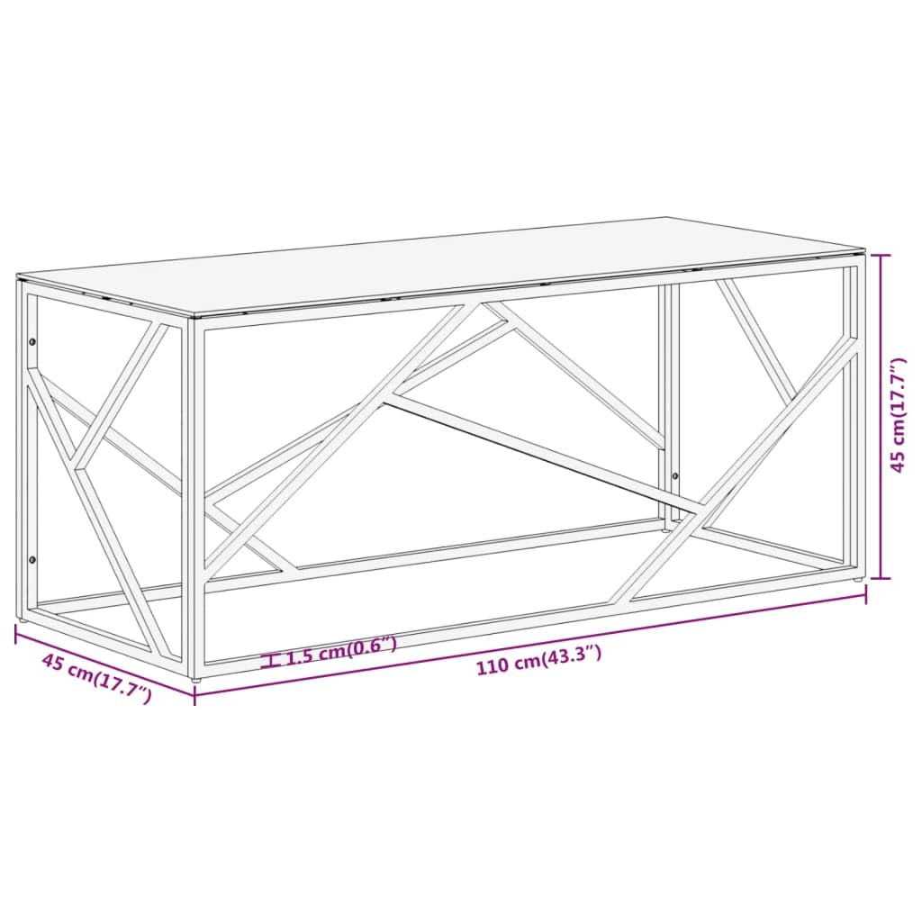 vidaXL Silver Stainless Steel Coffee Table - Tempered Glass Top, Modern Accent Sofa Table for Living Room/Lounge, Rectangular 43.3"x17.7"x17.7"