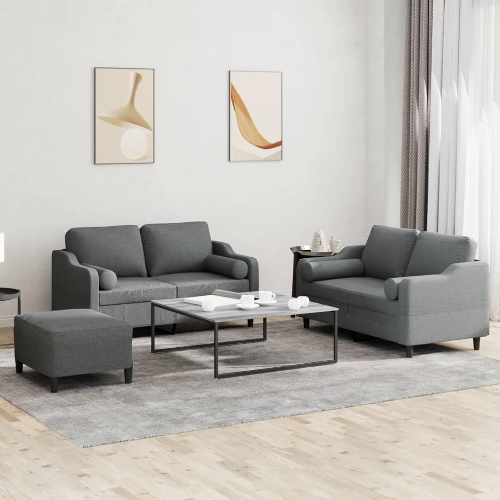 vidaXL 3 Piece Sofa Set with Versatile Footstool - Dark Gray Fabric Upholstery - Sturdy Plywood and Metal Frame - Comes with Decorative Roll Pillows.