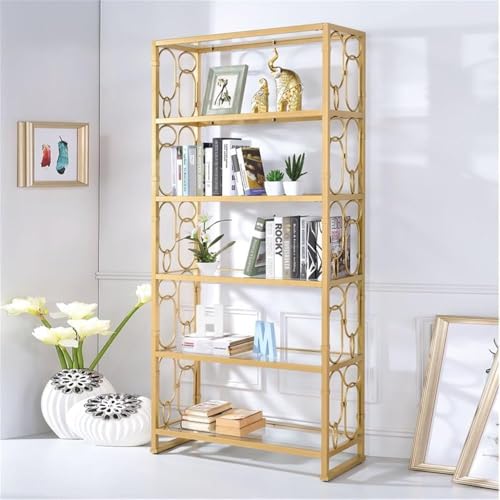 Acme Julos Metal Etagere Bookcase with 6 Glass Shelves in Clear Glass and Gold