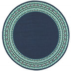 HomeRoots Polypropylene 8’ Round Navy and Green Geometric Indoor Outdoor Area Rug