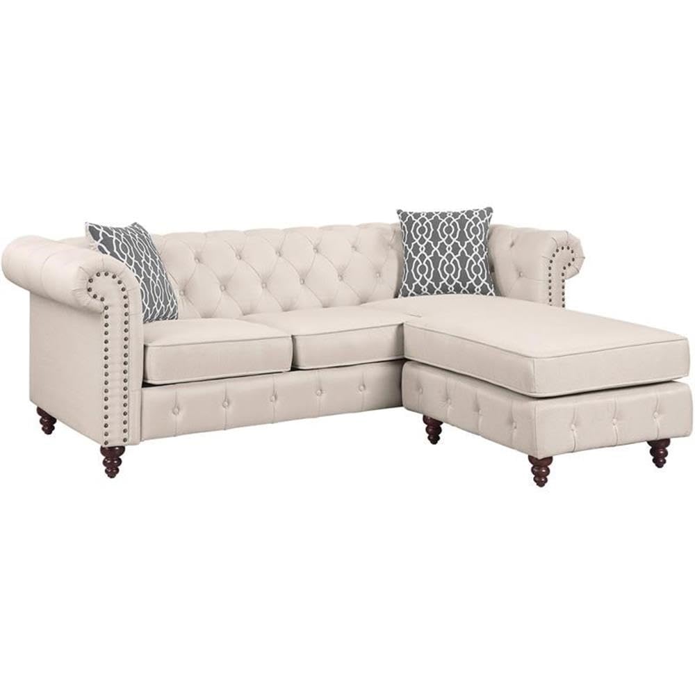 Acme Waldina Tufted Linen Fabric Upholstered Reversible Sectional Sofa in Beige